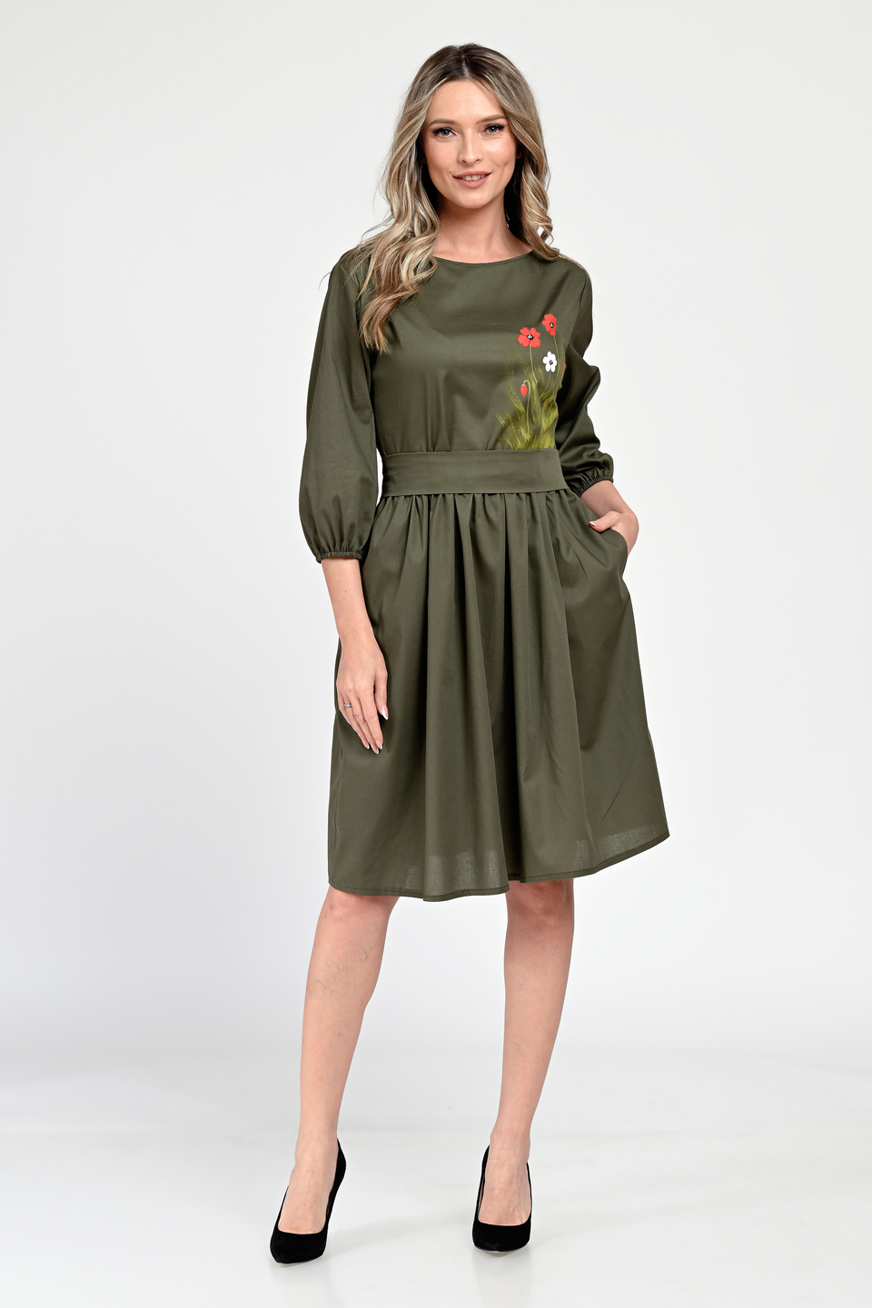 Rochie Medie Dama V310, Pictata manual, Kaki cu model floral