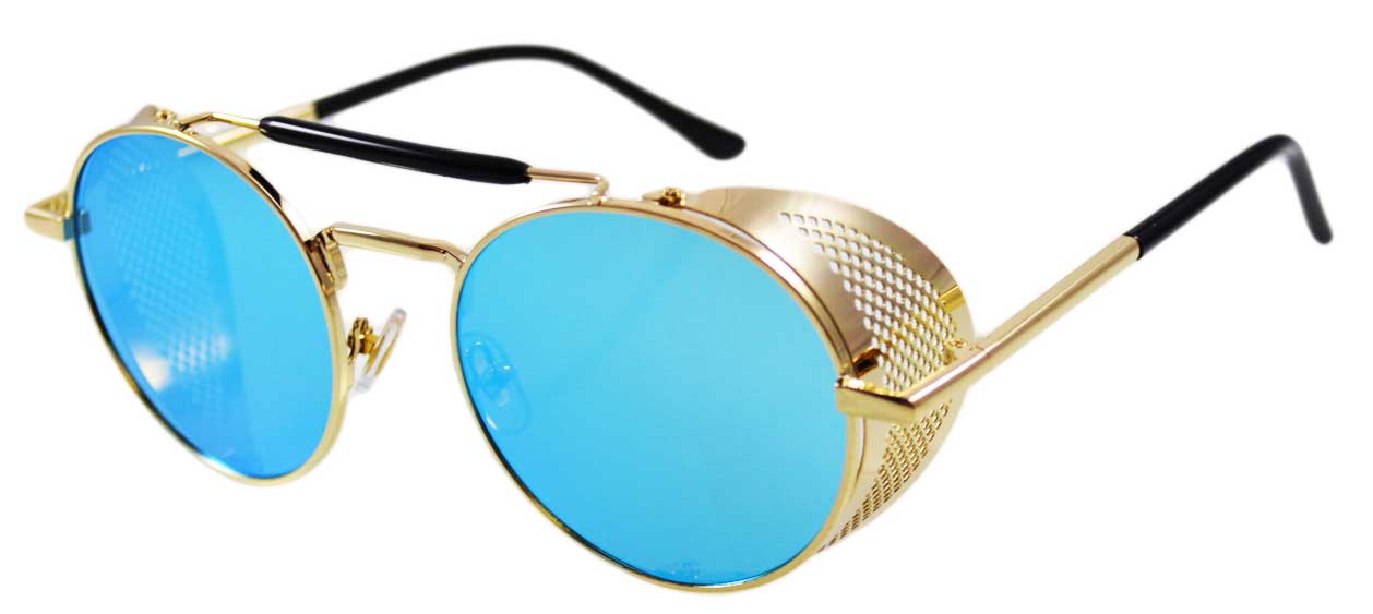 Ochelari de soare Rotunzi Steampunk Cage Albastru cu Auriu